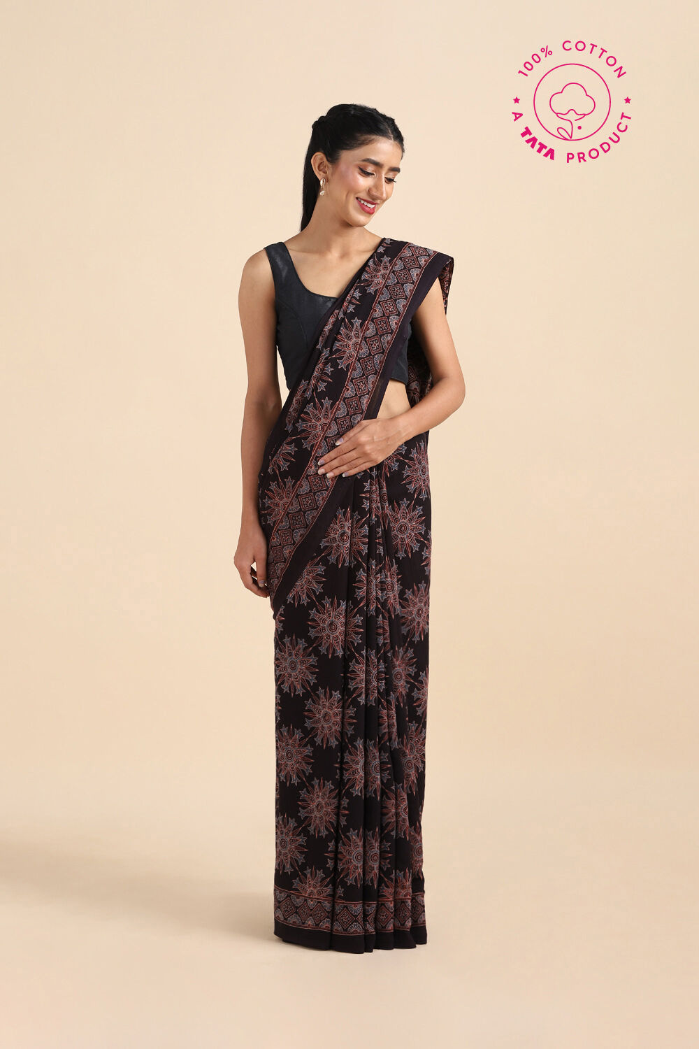 Black Pure Cotton Ajrakh Printed Saree image number null