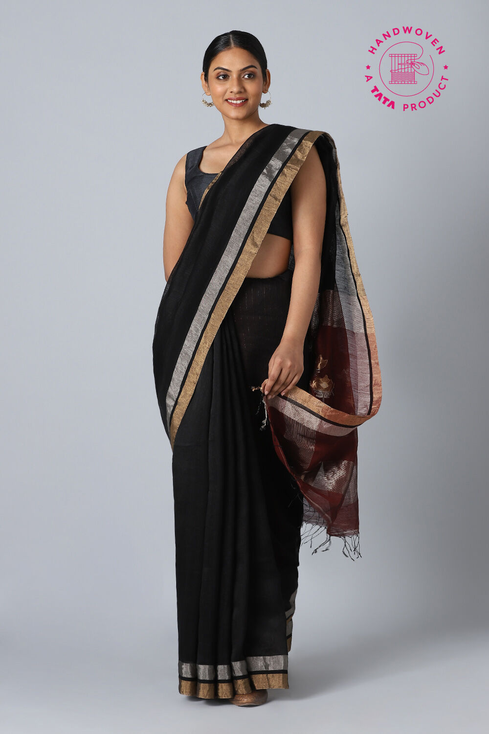 Black Pure Silk Linen Jamdani Saree image number null