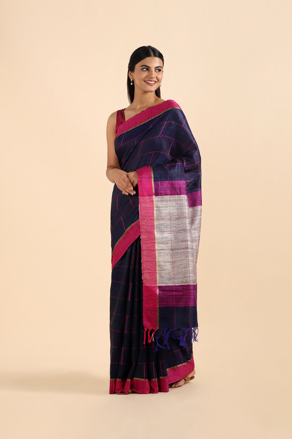 Dark Blue Pure Tussar Silk Bhagalpuri Saree image number null