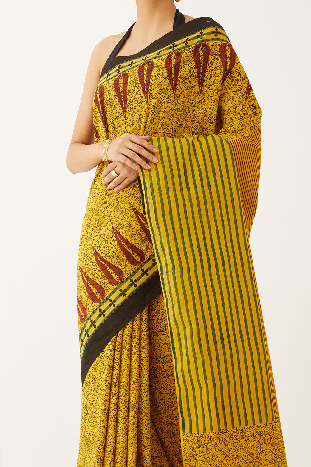 Yellow Pure Cotton Ajrakh Block Print Saree image number null