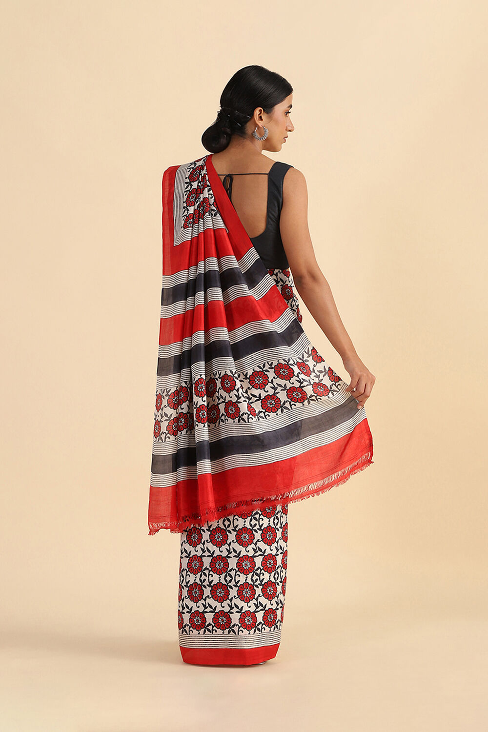 Black and Red Hand Blockprinted Pure Silk Saree image number null