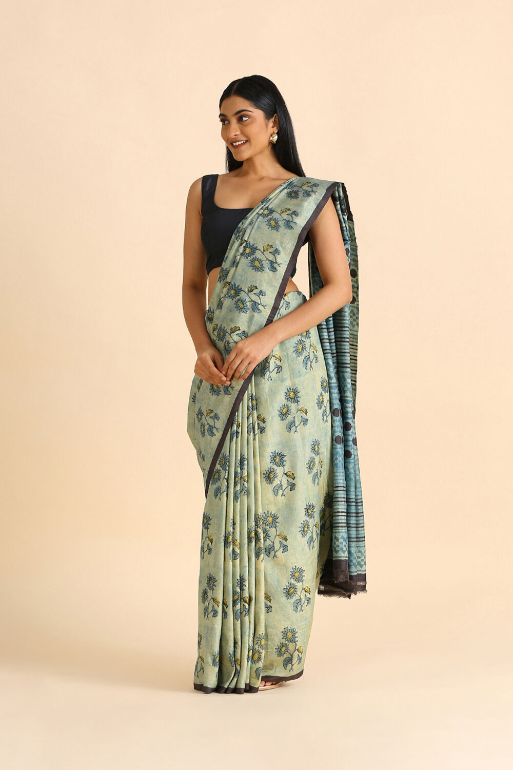 Blue Ajrakh Hand Blockprinted Pure Silk Saree image number null