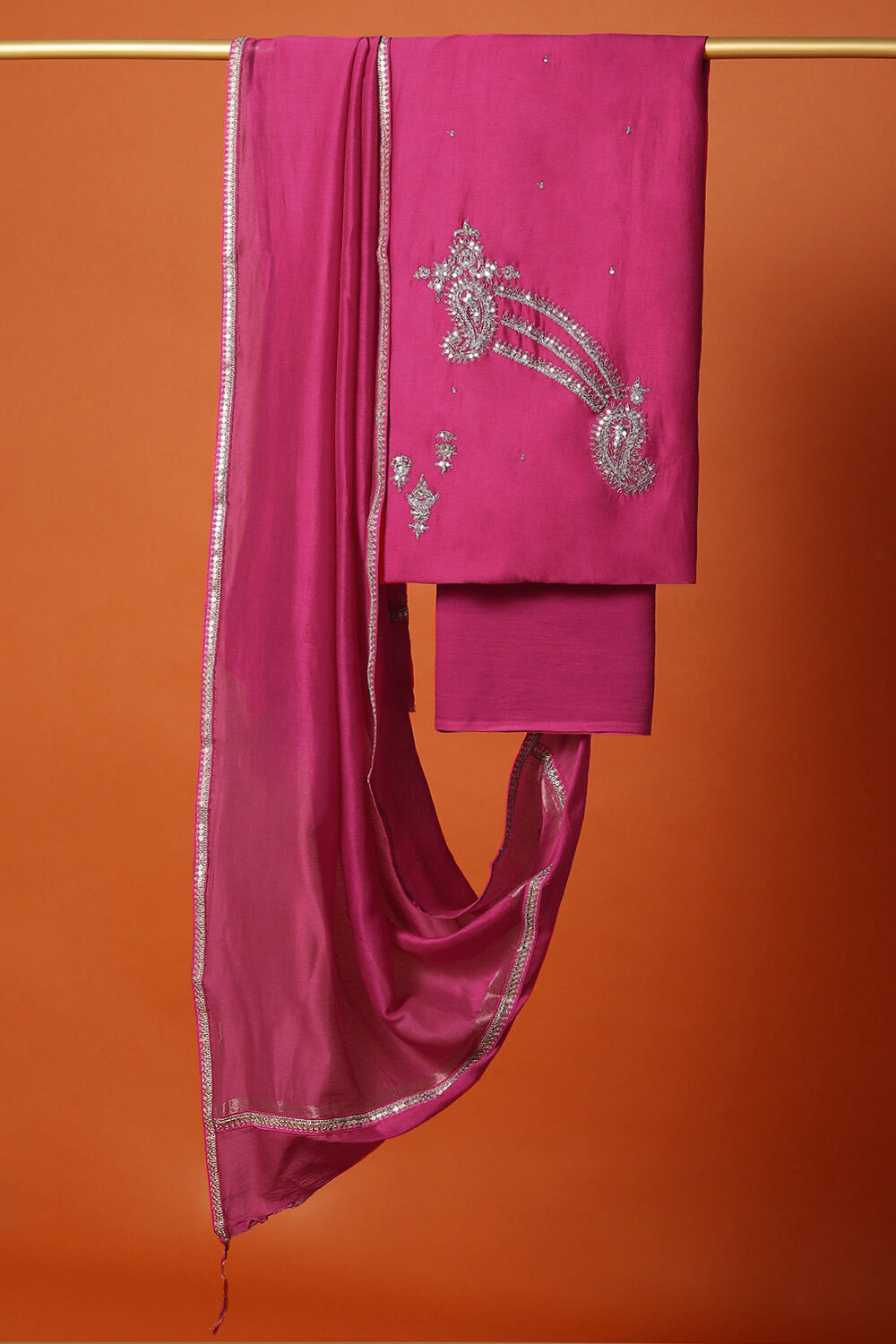 Pink Silk Cotton Embroidered Unstitched Suit Set image number null