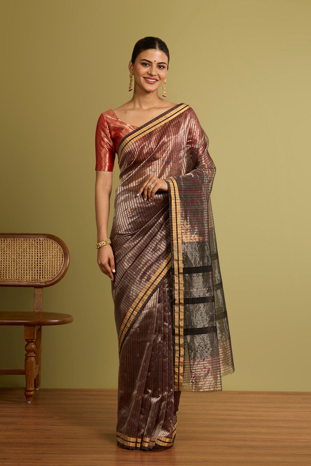 Dark Red Woven Pure Silk Tissue Chanderi Saree image number null
