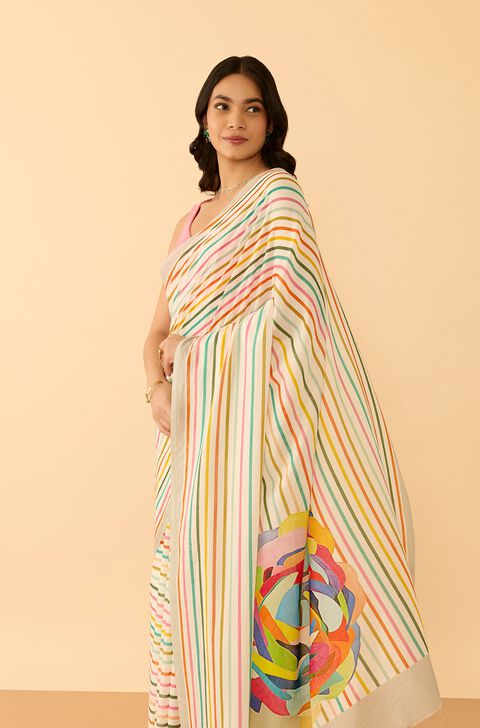 Off White Printed Pure Cotton Saree