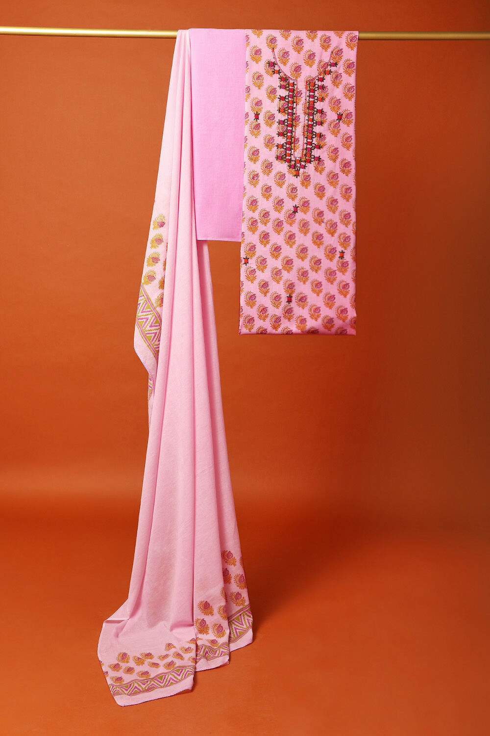 Pink Cotton Embroidered Unstitched Suit Set image number null