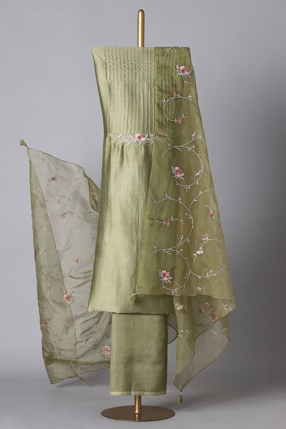 Green Silk Cotton Embroidered Unstitched Suit Set image number null