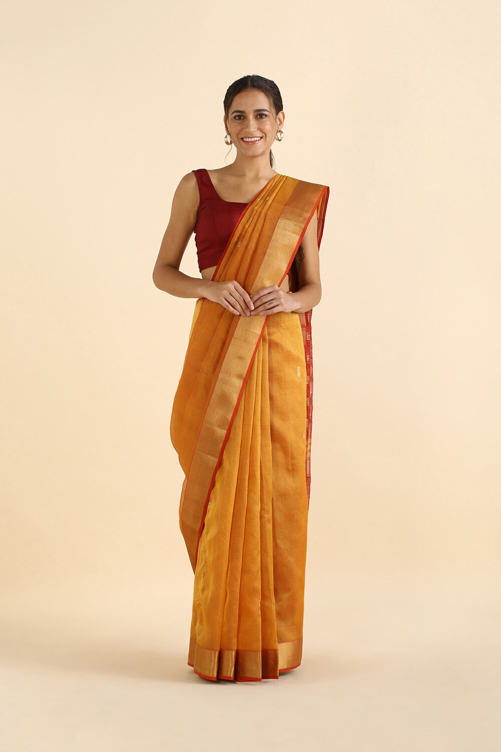 Dark Yellow Pure Tissue Silk Maheswari Saree image number null