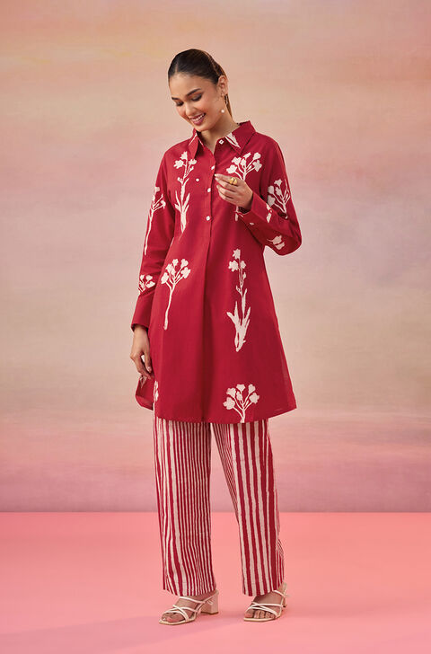 Red Dabu Block Printed Pure Cotton Kurta Set