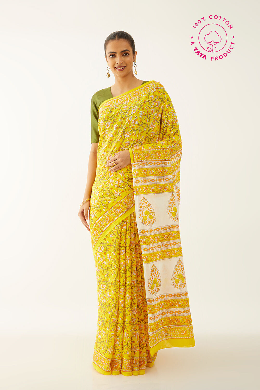 Yellow Pure Cotton Block Print Saree image number null