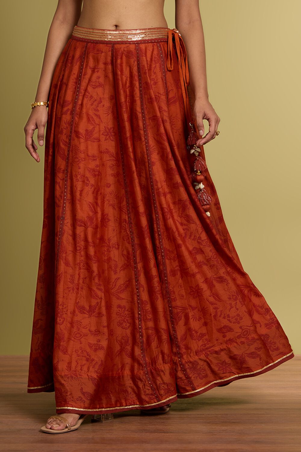 Dark Orange Rajasthan Pure Silk Cotton Printed Embroidery Lehenga image number null