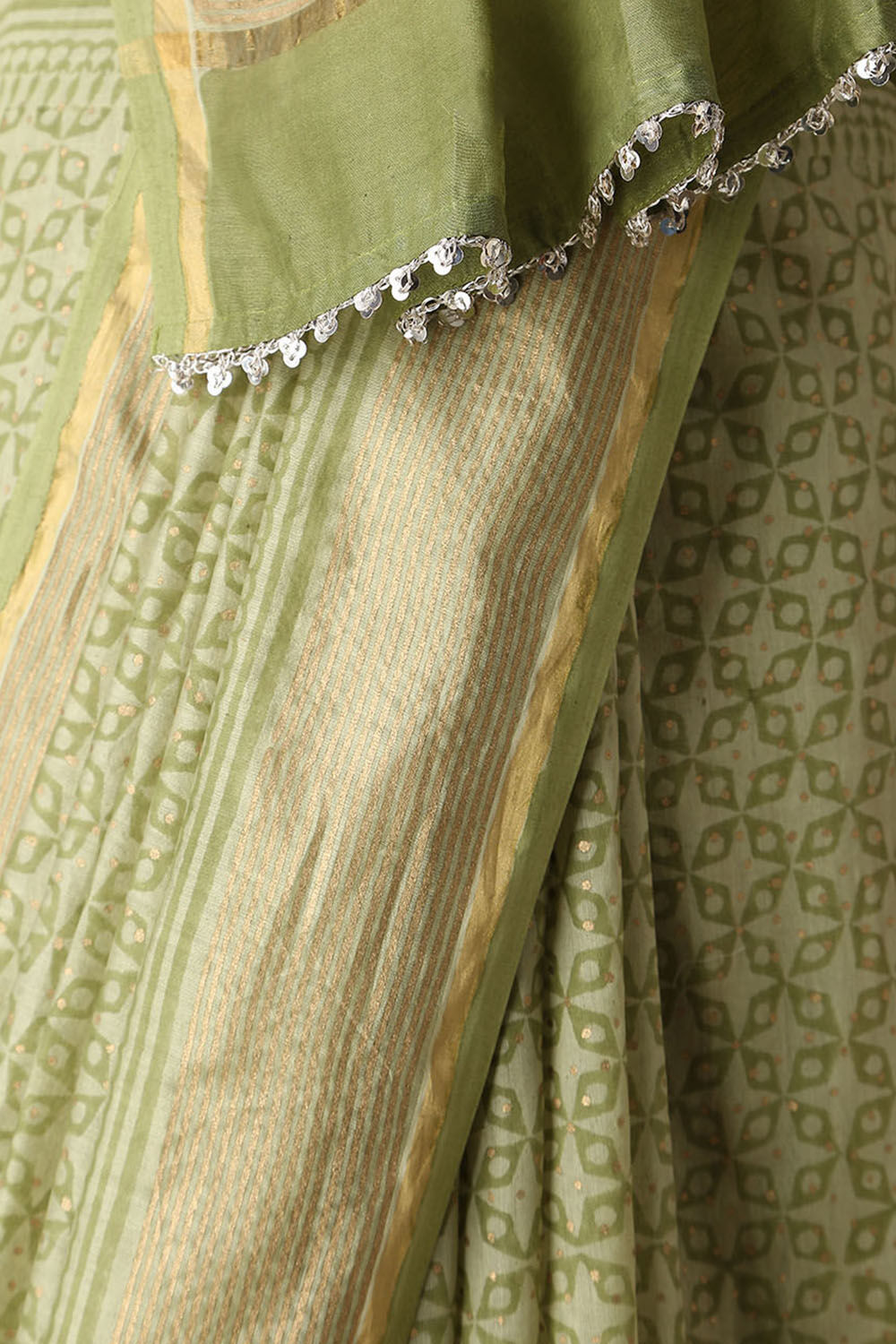 Green Silk Cotton Hand Printed Saree image number null