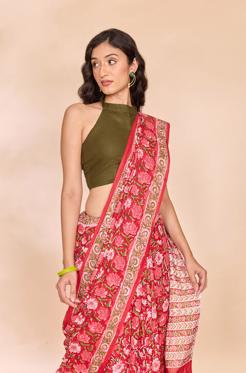 Red Rajasthan Pure Cotton Printed Sanganeri Saree