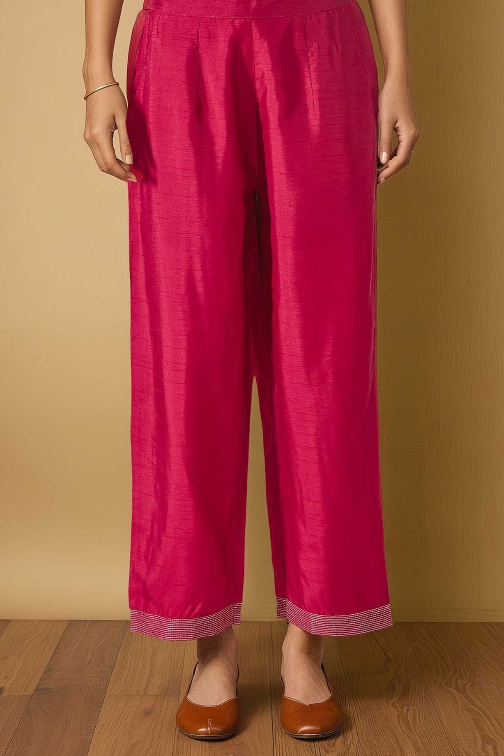 Dark Pink Viscose Embroidered Trouser image number null
