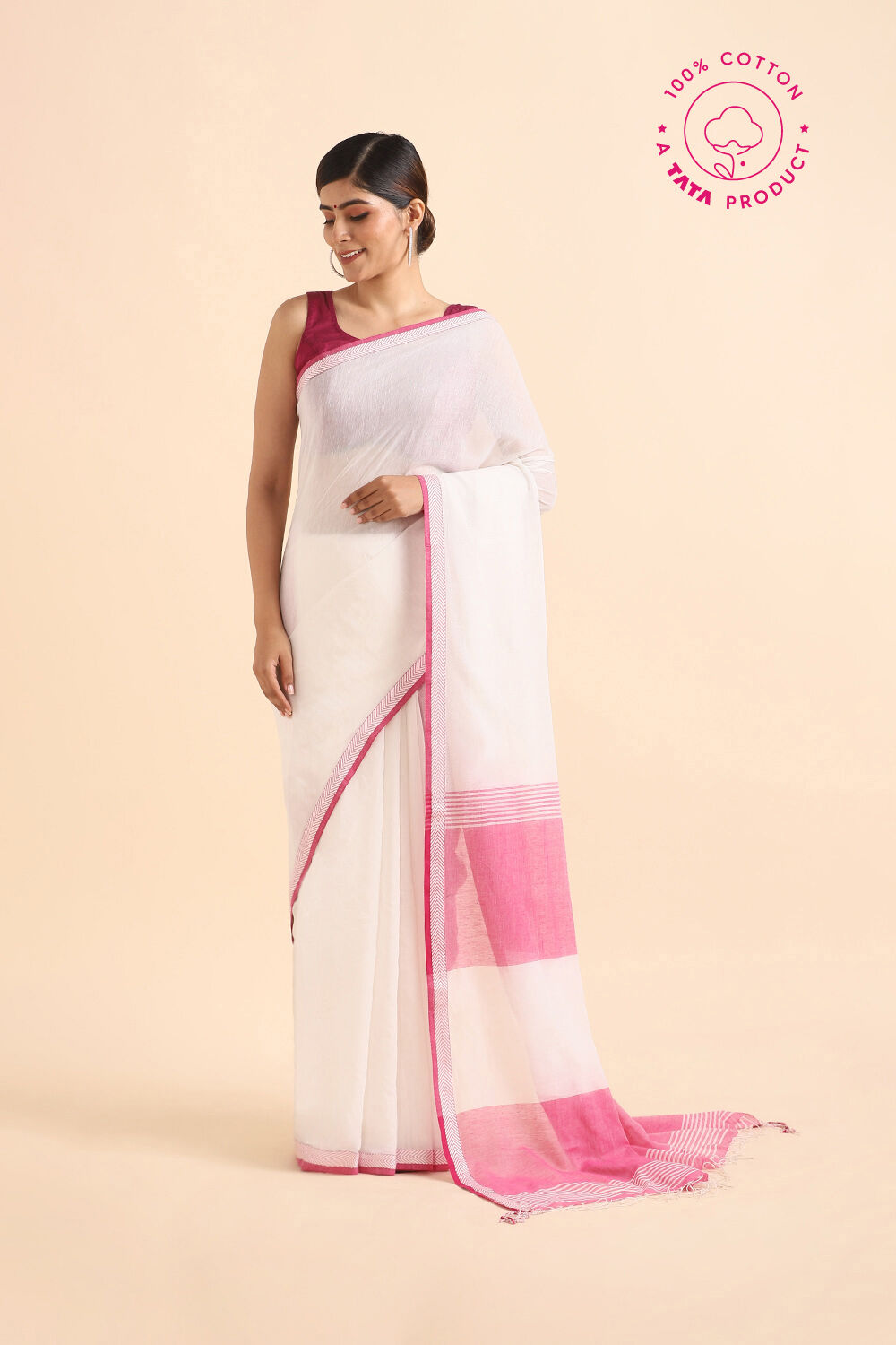 Off Pure White Cotton Bengal Saree image number null