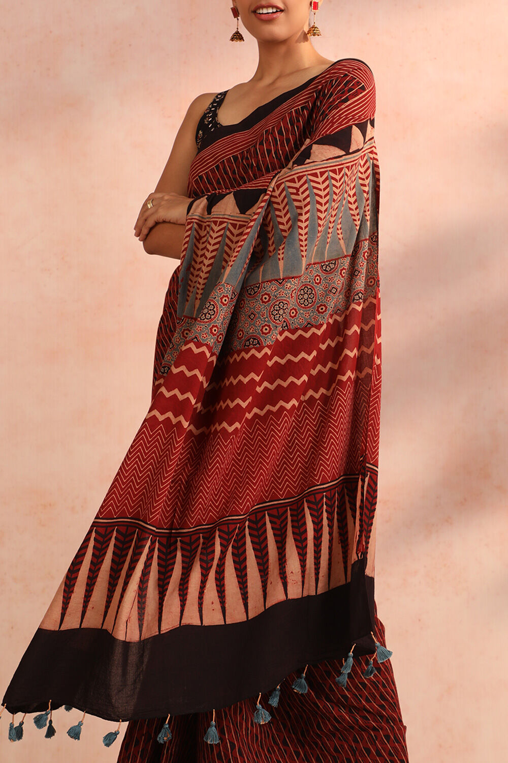 Red Gujarat Block Printed Pure Cotton Saree image number null