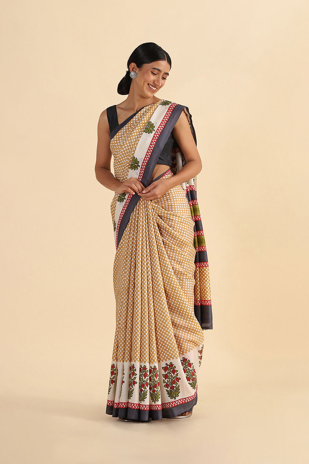 Beige Hand Blockprinted Pure Silk Saree image number null