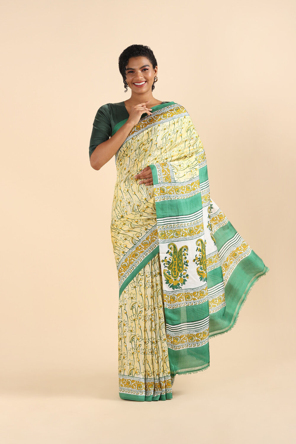 Yellow Pure Silk Printed Saree image number null