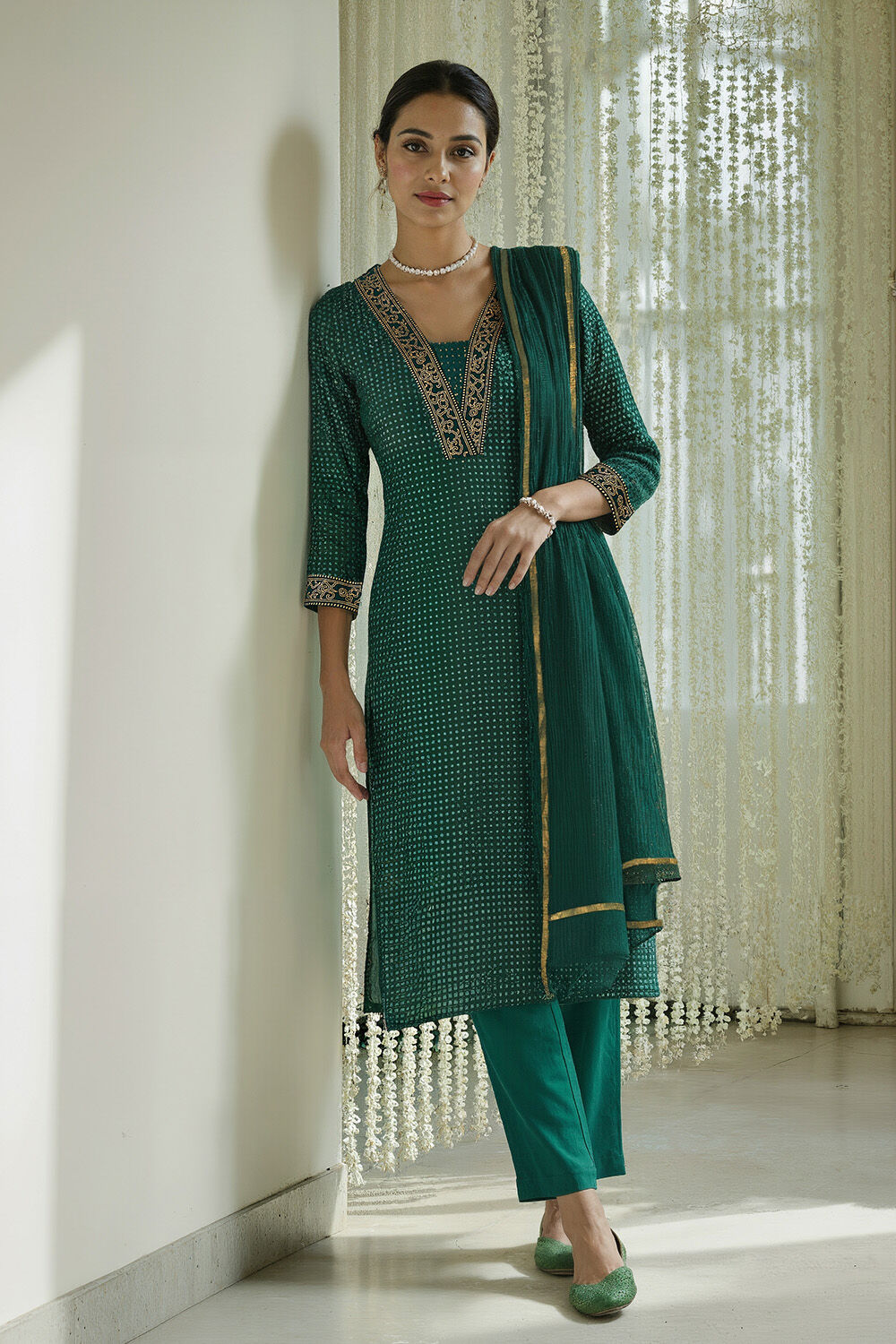Dark Green Pure Cotton Screen Printed Kurta Set image number null