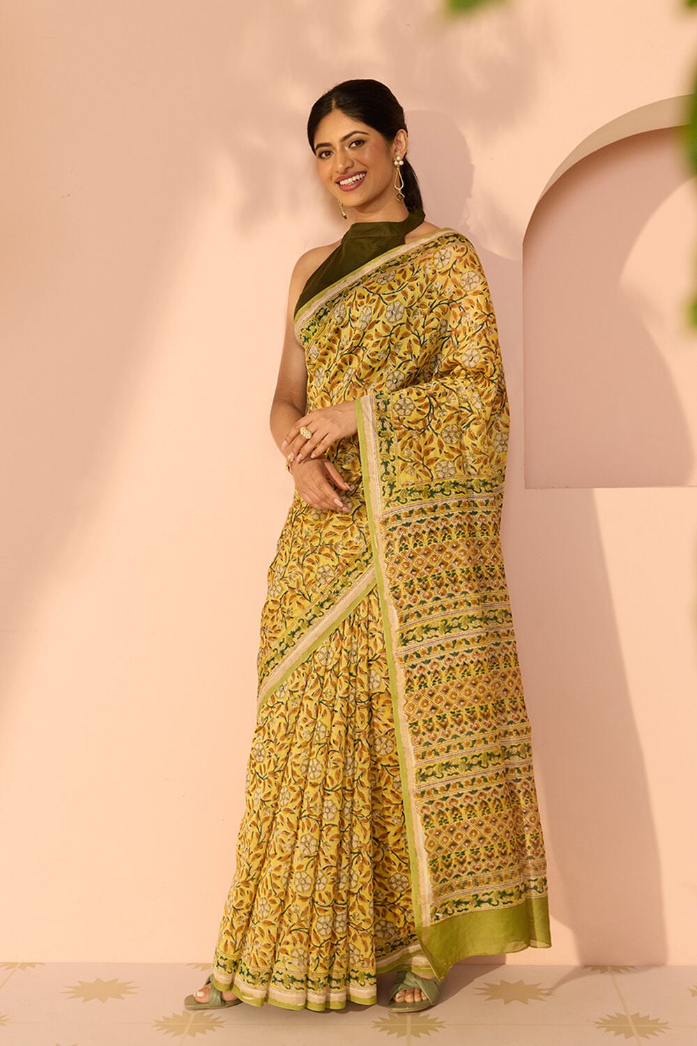 Yellow Rajasthan Pure Silk Cotton Printed Sanganeri Saree image number null