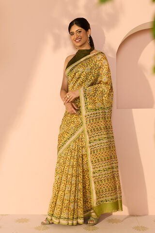 Yellow Rajasthan Pure Silk Cotton Printed Sanganeri Saree image number