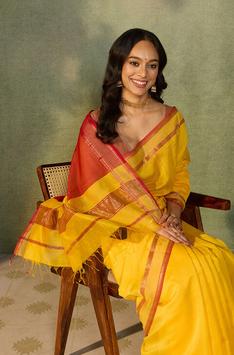 Yellow Woven Pure Silk Cotton Maheshwari Saree