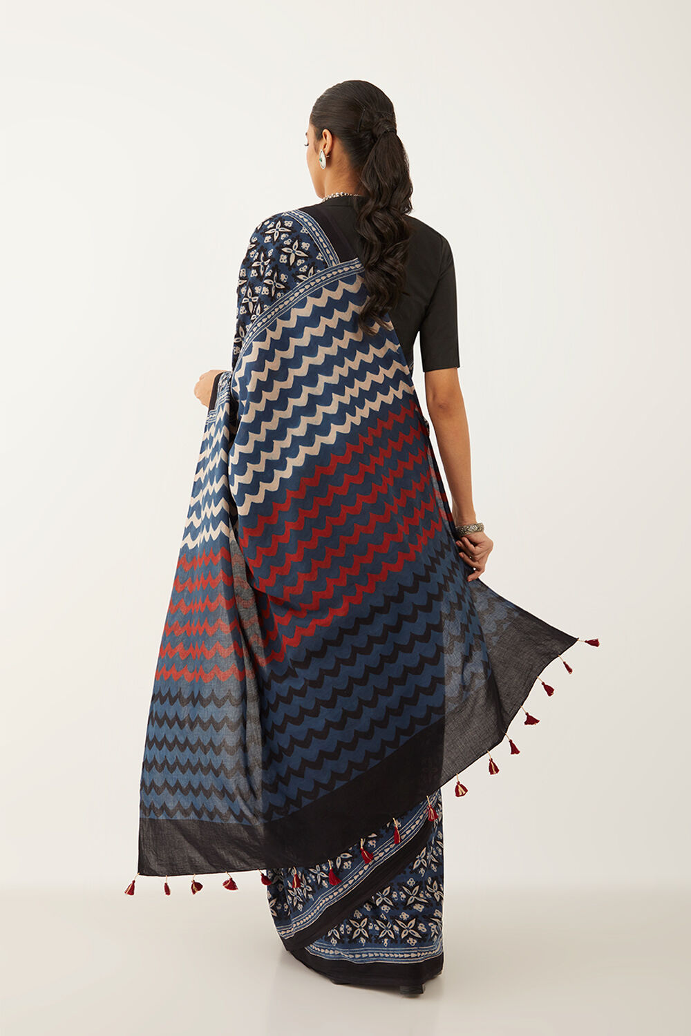 Blue Pure Cotton Ajrakh Block Print Saree image number null