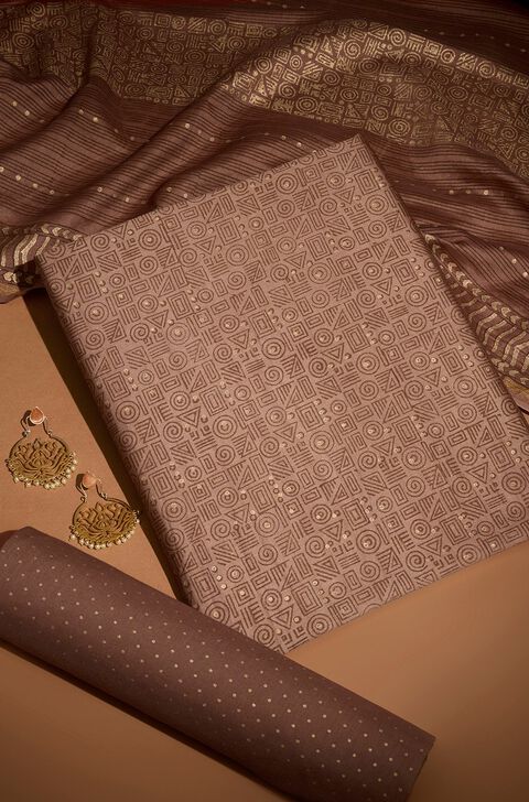 Brown Pure Silk Cotton Block Printed Unstitched Suit Set