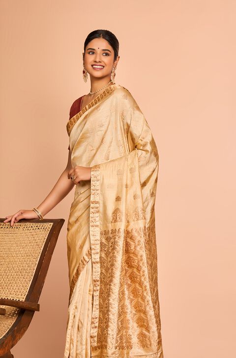 Beige Assam Woven Pure Tussar Silk Saree