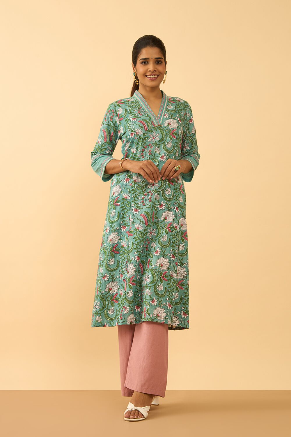 Light Blue Pure Cotton Printed Sanganeri Kurta image number null