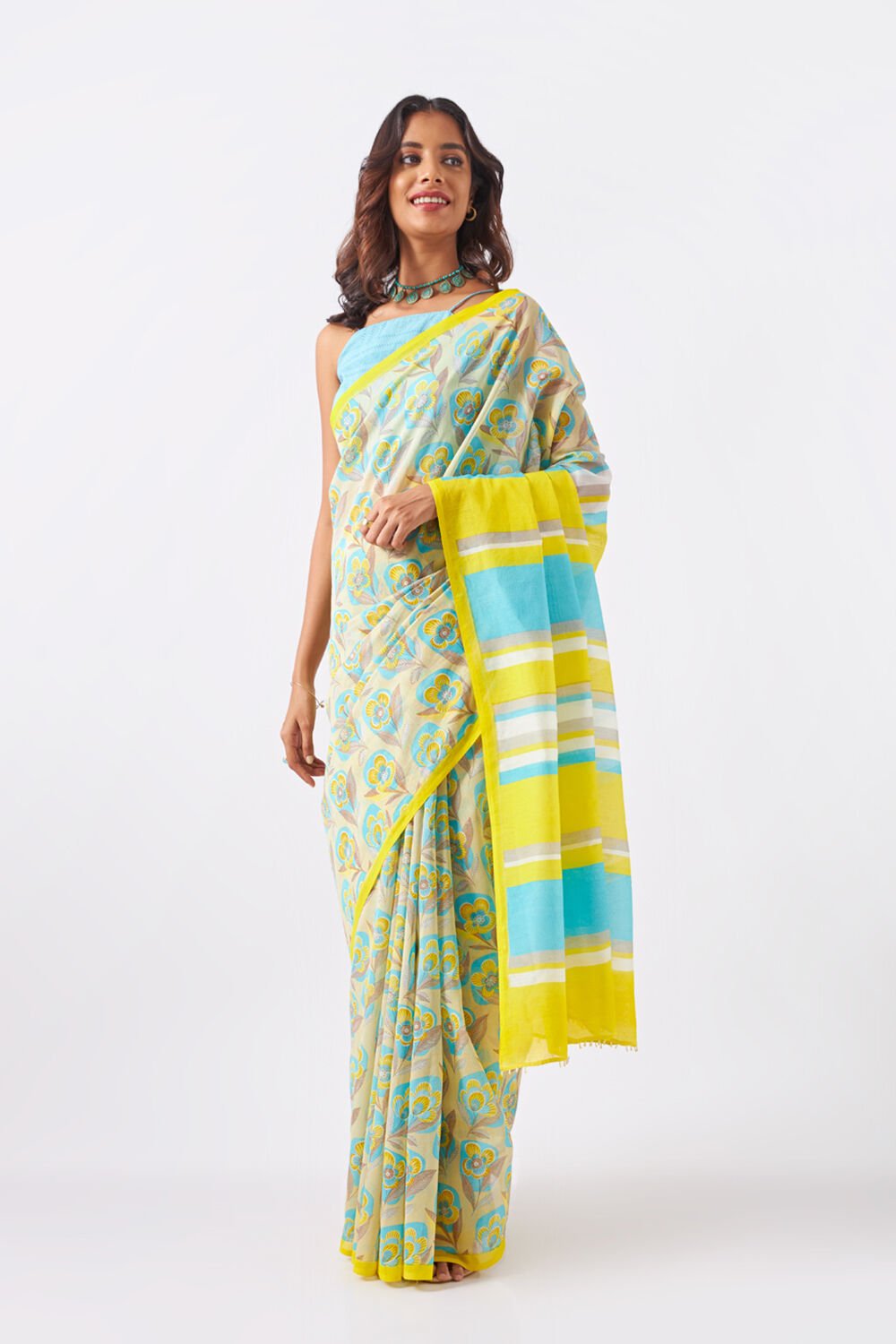 Light Yellow Pure Silk Cotton Printed Saree image number null