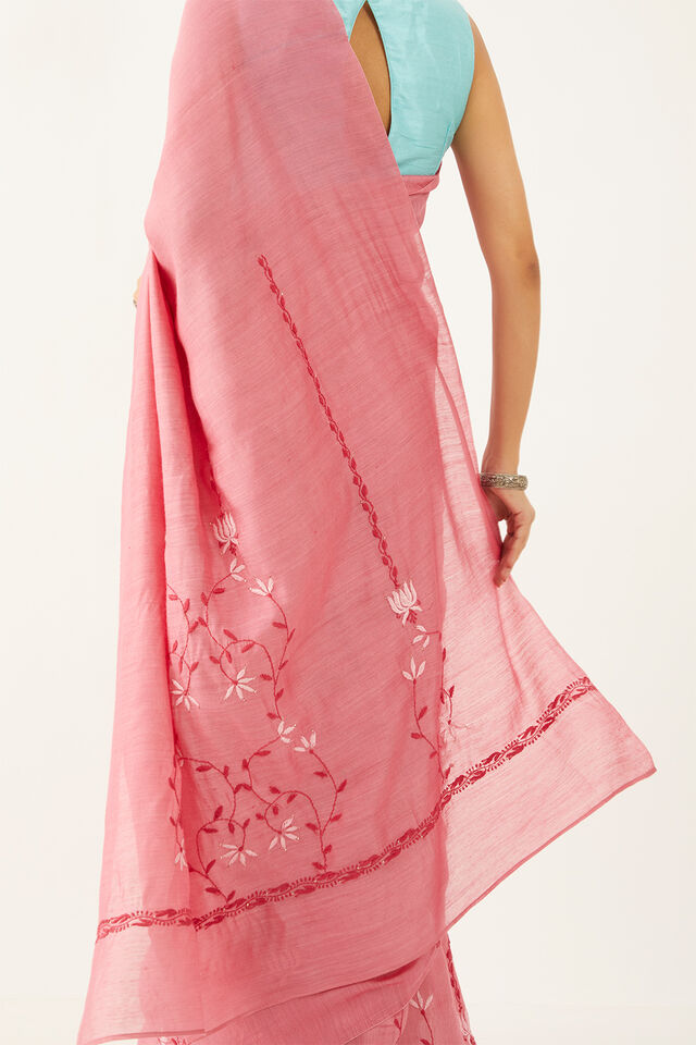 Pink Pure Tussar Silk Chikankari Embroidery Saree