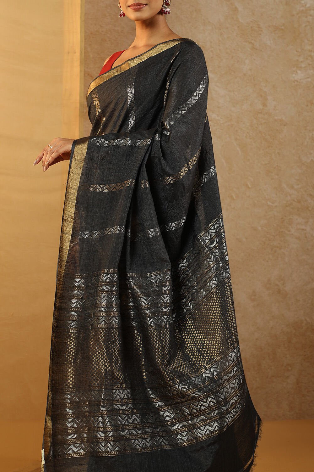 Black Chattisgarh Woven Pure Tussar Silk Saree image number null