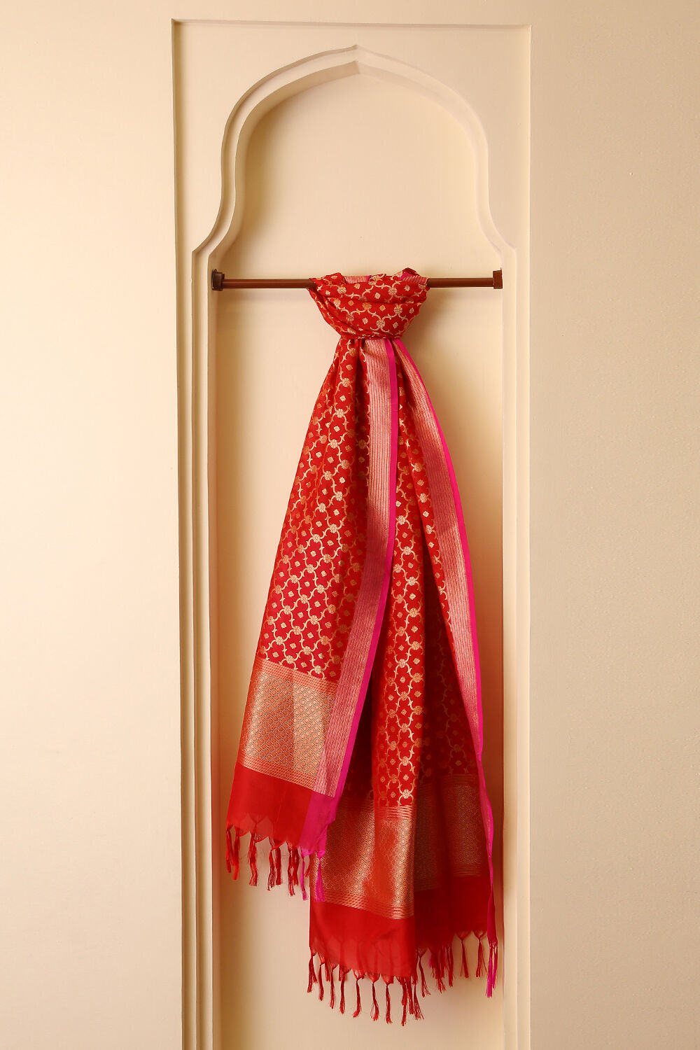 Bright Red Silk Viscous Banaras Dupatta image number null