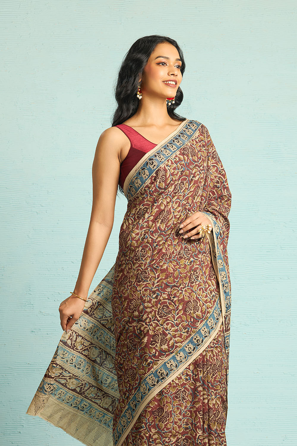 Red Printed Kalamkari Machilipatnam Pure Cotton Saree image number null