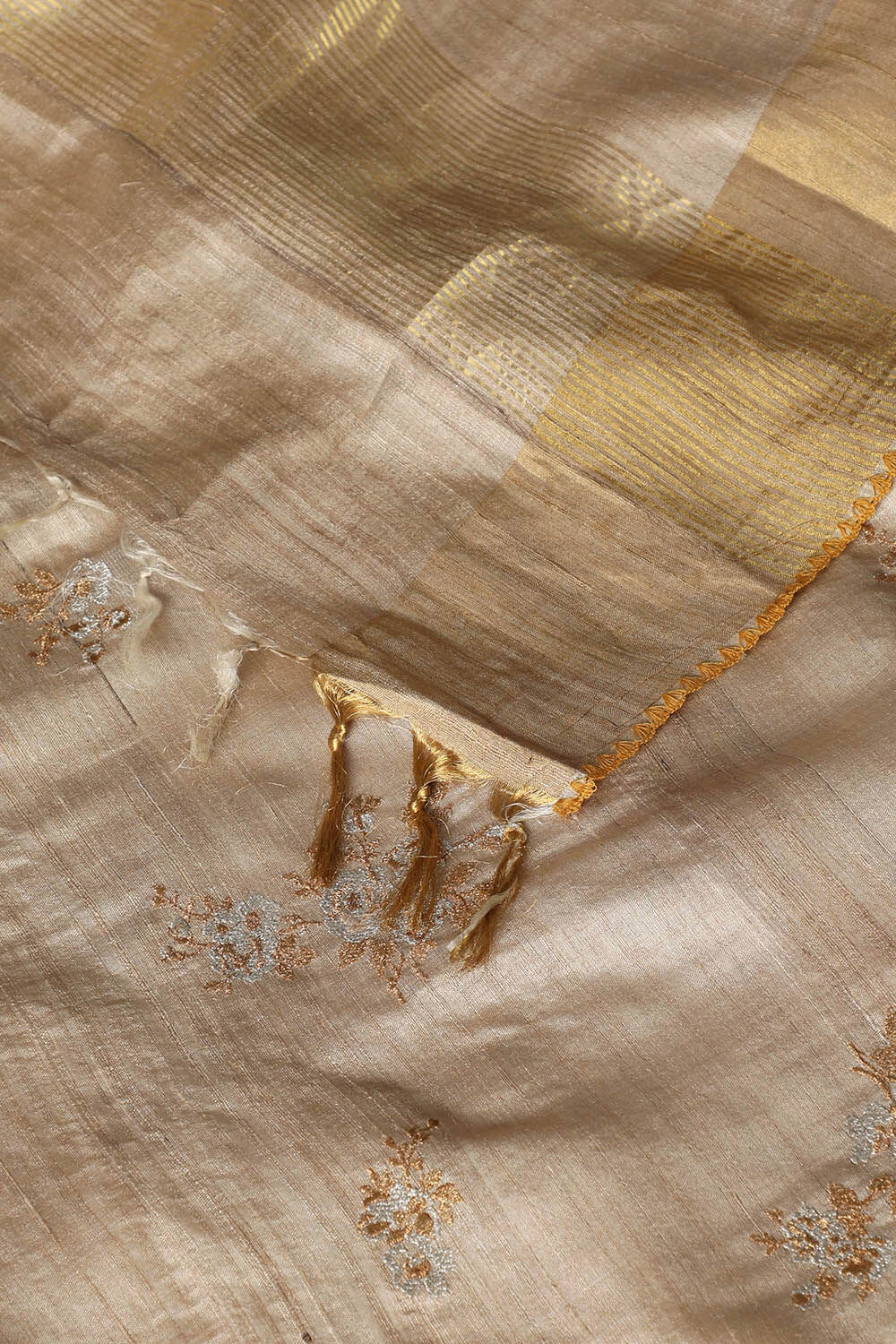 Beige Pure Tussar Silk Embroidered Saree image number null
