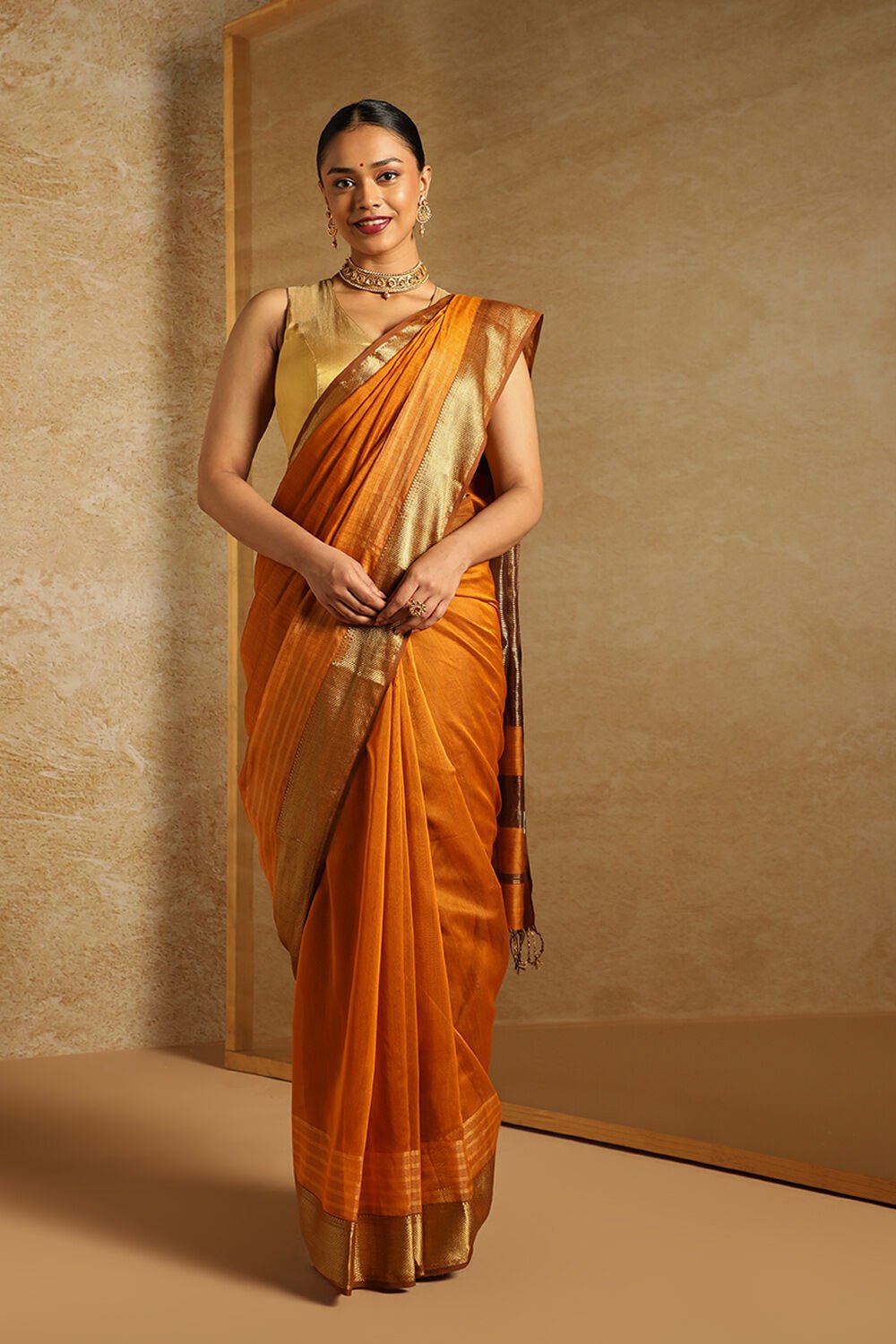 Orange Woven Pure Silk Cotton Maheswari Saree image number null