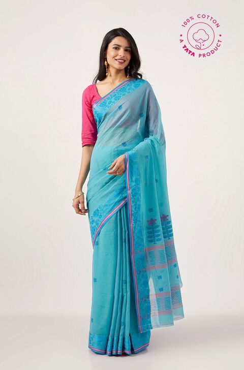 Blue Pure Cotton Bengal Jamdani Saree