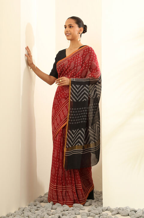 Red Pure Silk Kota Block Printed Saree