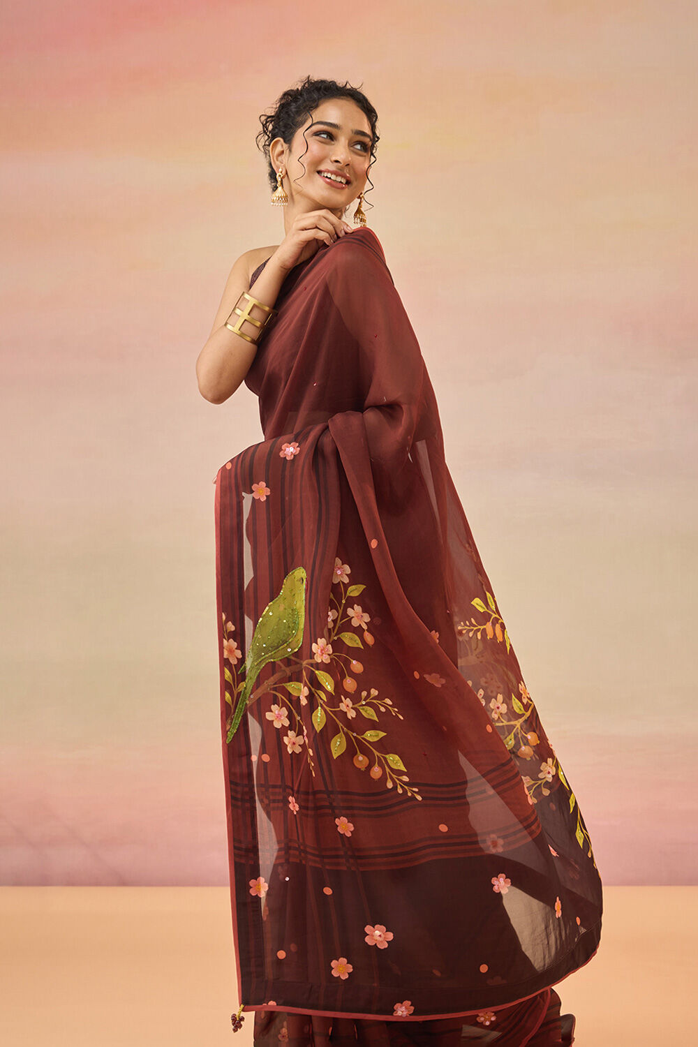 Brown Viscose Organza Embroidered Sequin Saree image number null