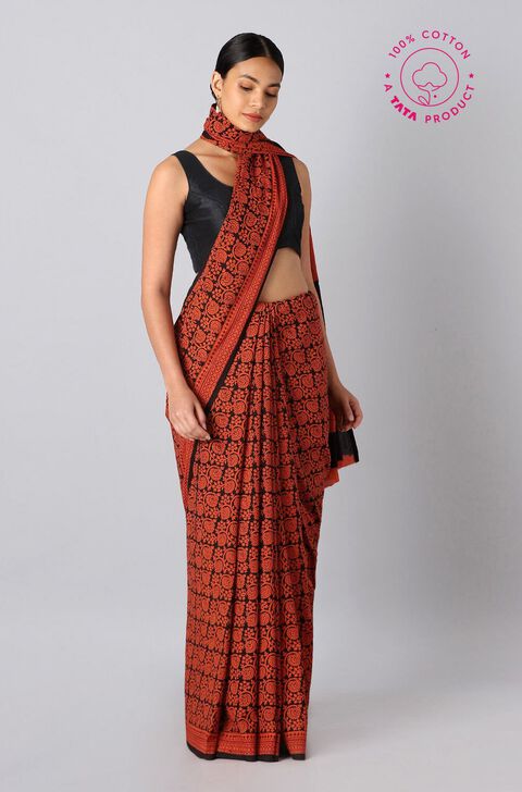 Orange Pure Cotton Bagh Printed Saree