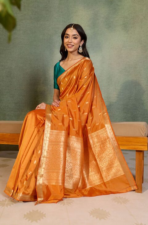 Orange Silk Viscose Cutwork Banarasi Inspired Design Saree