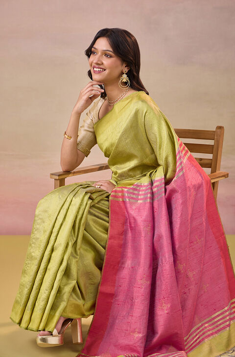 Green Bhagalpur Woven Pure Tussar Silk Saree