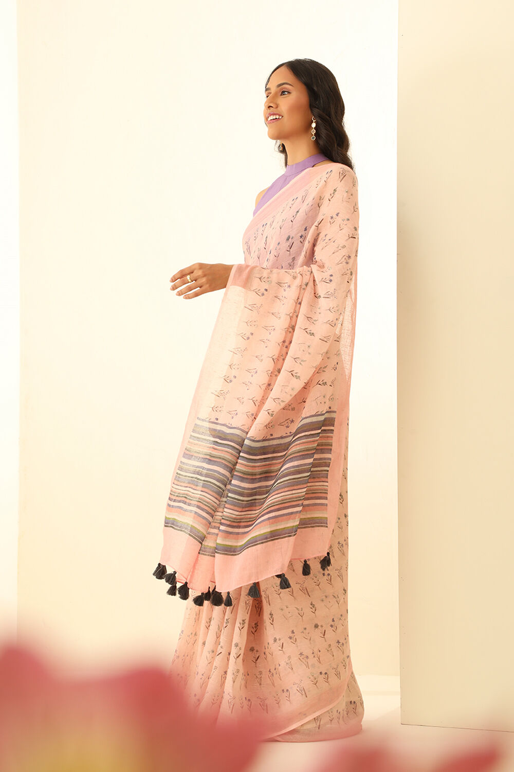 Light Pink Pure Linen Digital Print Saree image number null