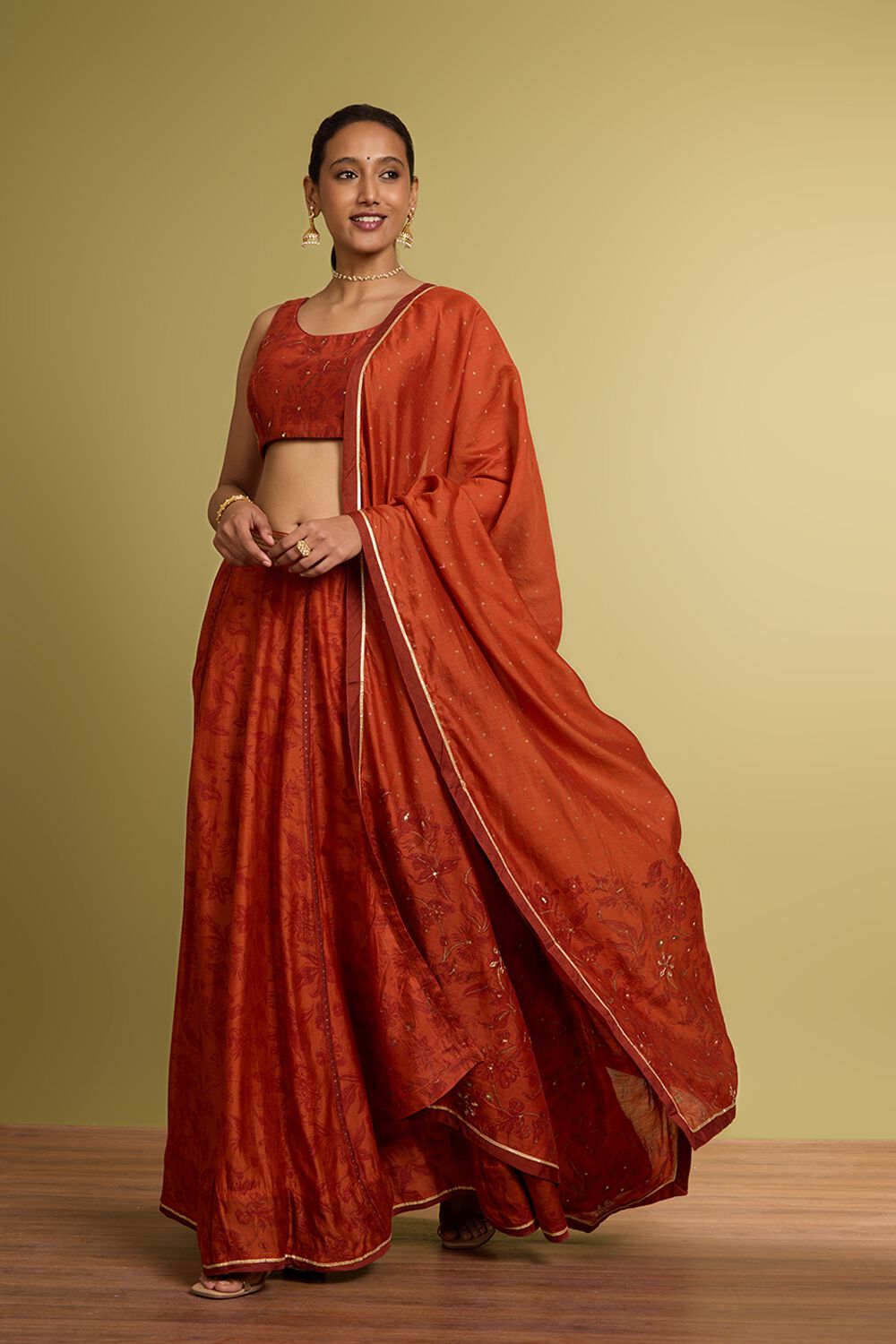 Dark Orange Rajasthan Pure Silk Cotton Printed Embroidery Lehenga image number null