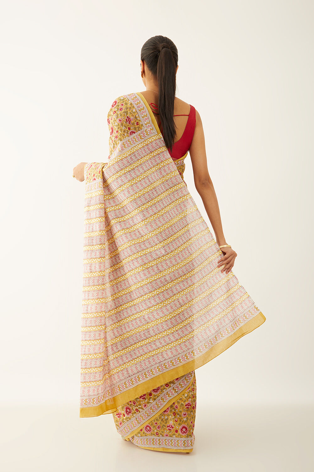 Yellow Pure Cotton Block Print Saree image number null