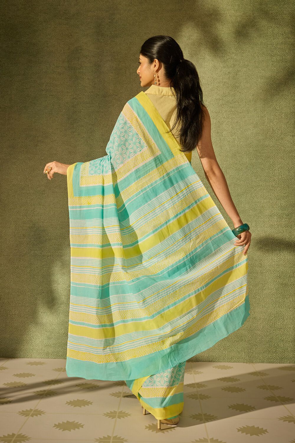 Light Blue Pure Cotton Block Printed Bengal Saree image number null