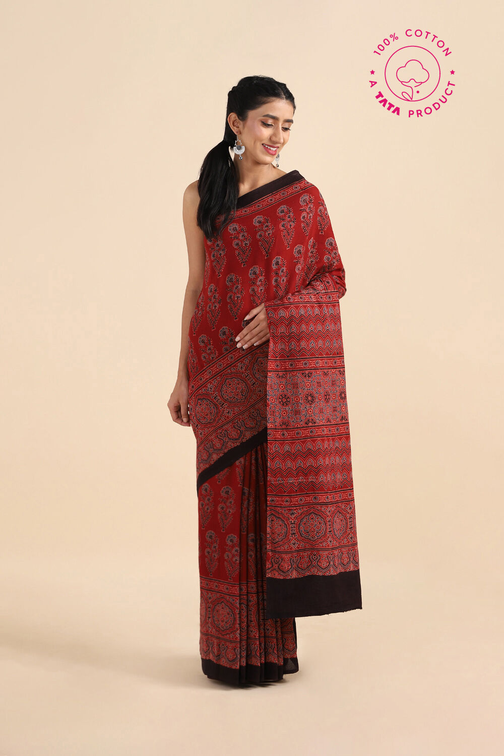 Red Pure Cotton Ajrakh Printed Saree image number null