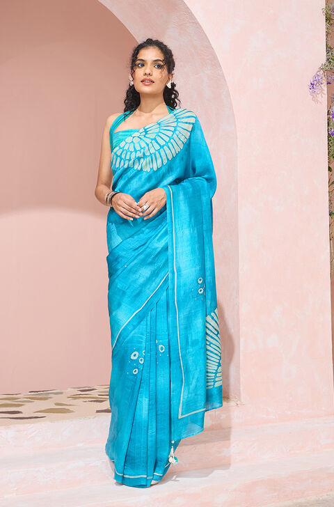 Blue Bengal Pure Silk Hand Painted Saree