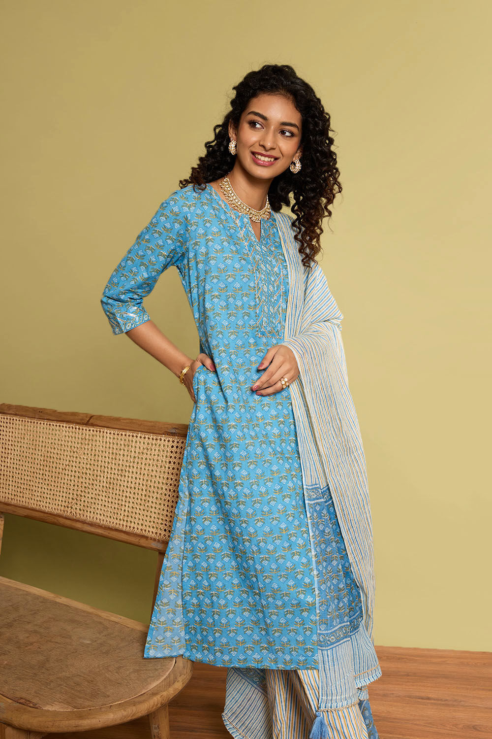 Light Blue Screen Printed  Pure Cotton Kurta Set image number null